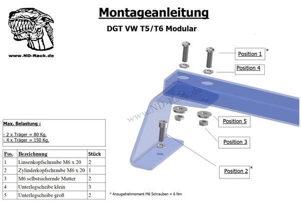 VW T5/T6  Edelstahl Dachträger Modular Standard ( 4 x 1300 Fix. inkl. 2x F45 ) GK 12